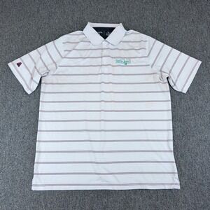 Antigua Men Polo Shirt XL Polyester White Striped Stella-Jones Golf Short Sleeve